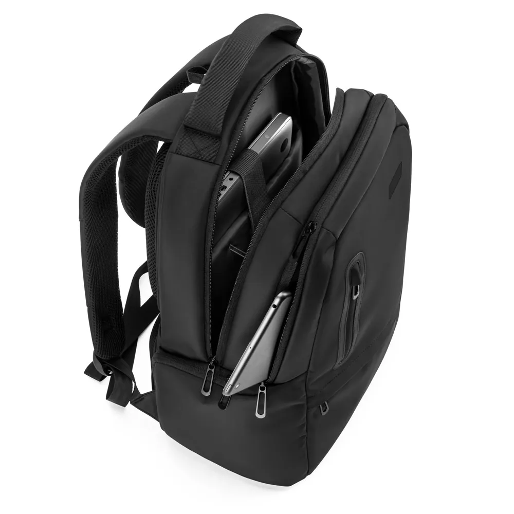 SPACIO SOLID. Mochila para computador portátil (17") em nylon 150D com 2 compartimentos acolchoados e placa para personalização