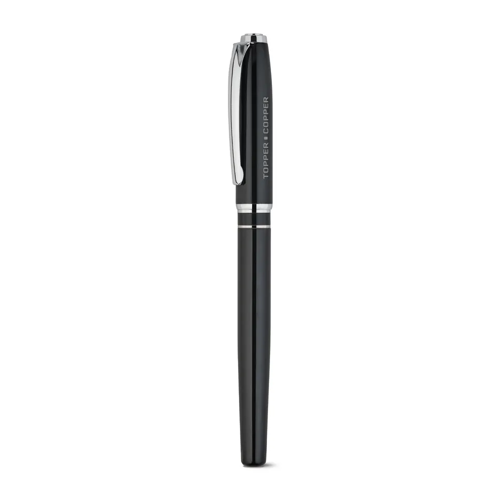 SARAMAGO. Set premium de 1 caneta esferográfica e 1 caneta roller em cobre e aço inox, com escrita em azul