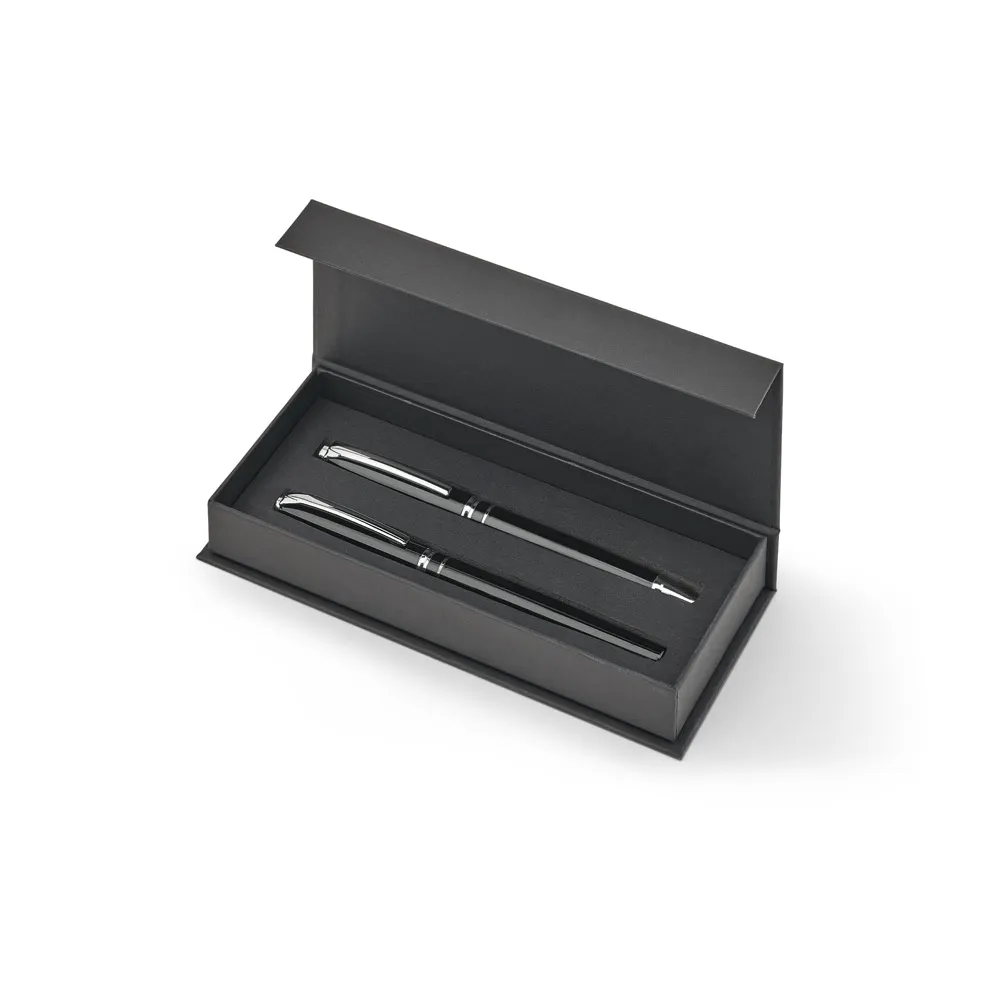 SARAMAGO. Set premium de 1 caneta esferográfica e 1 caneta roller em cobre e aço inox, com escrita em azul
