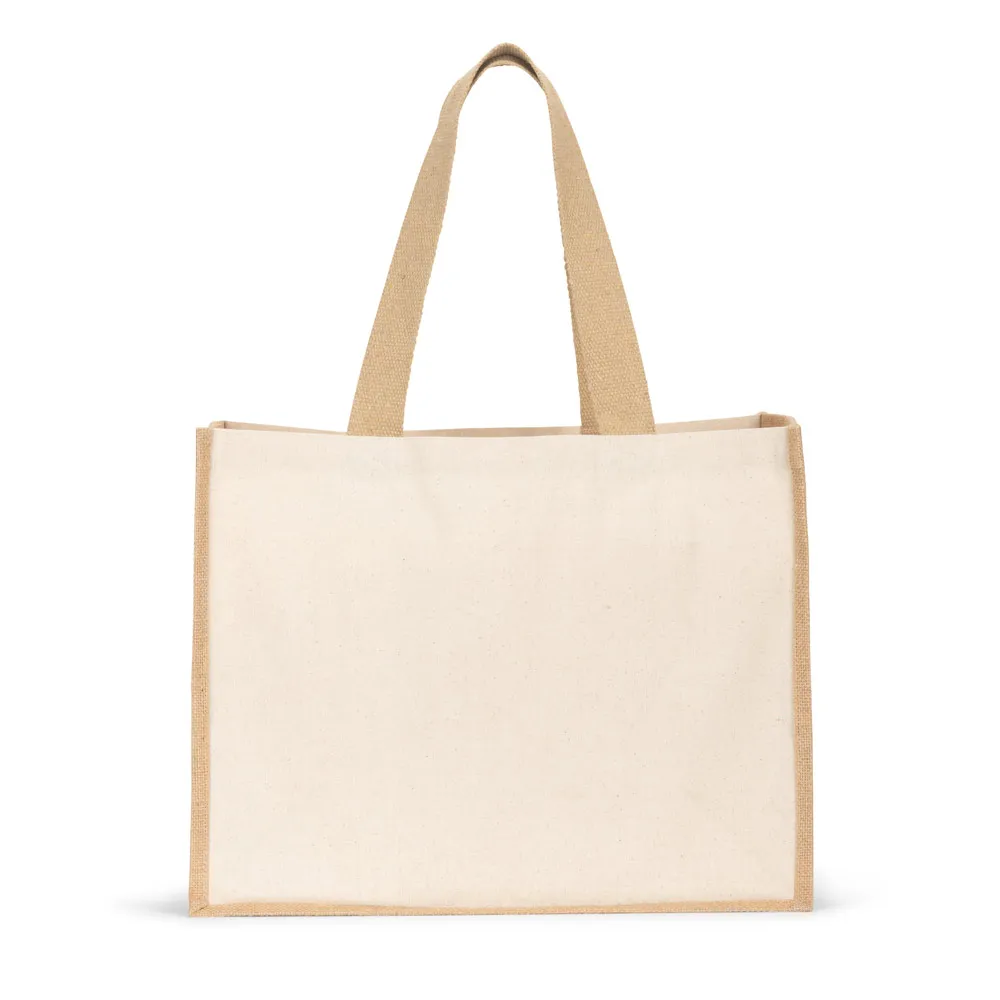 HELSINQUE. Sacola em canvas (320g/m²), com fundo e laterais em juta laminada (350 g/m²) de tons naturais