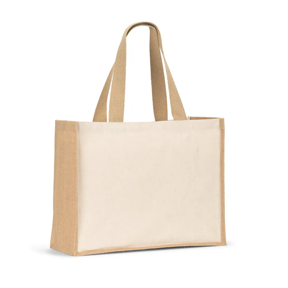 HELSINQUE. Sacola em canvas (320g/m²), com fundo e laterais em juta laminada (350 g/m²) de tons naturais
