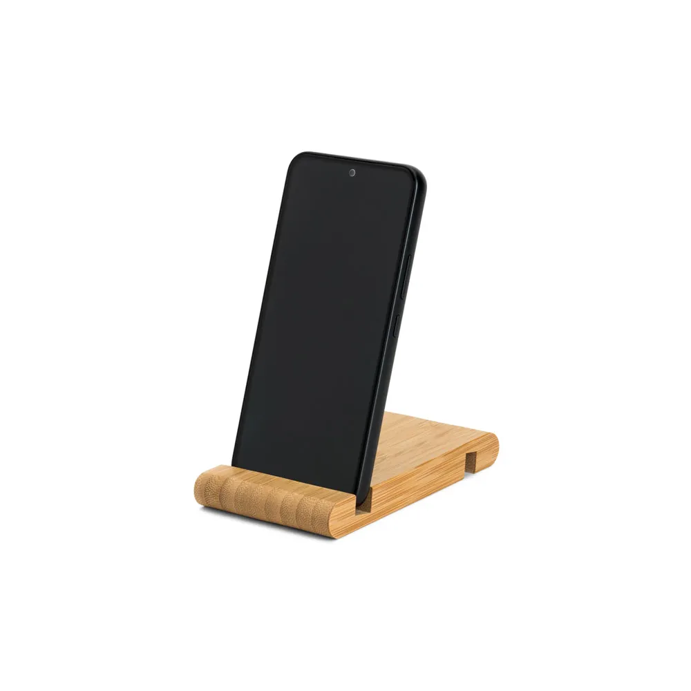 HABER. Suporte para celular com duas canaletas de tamanhos diferentes, em bambu