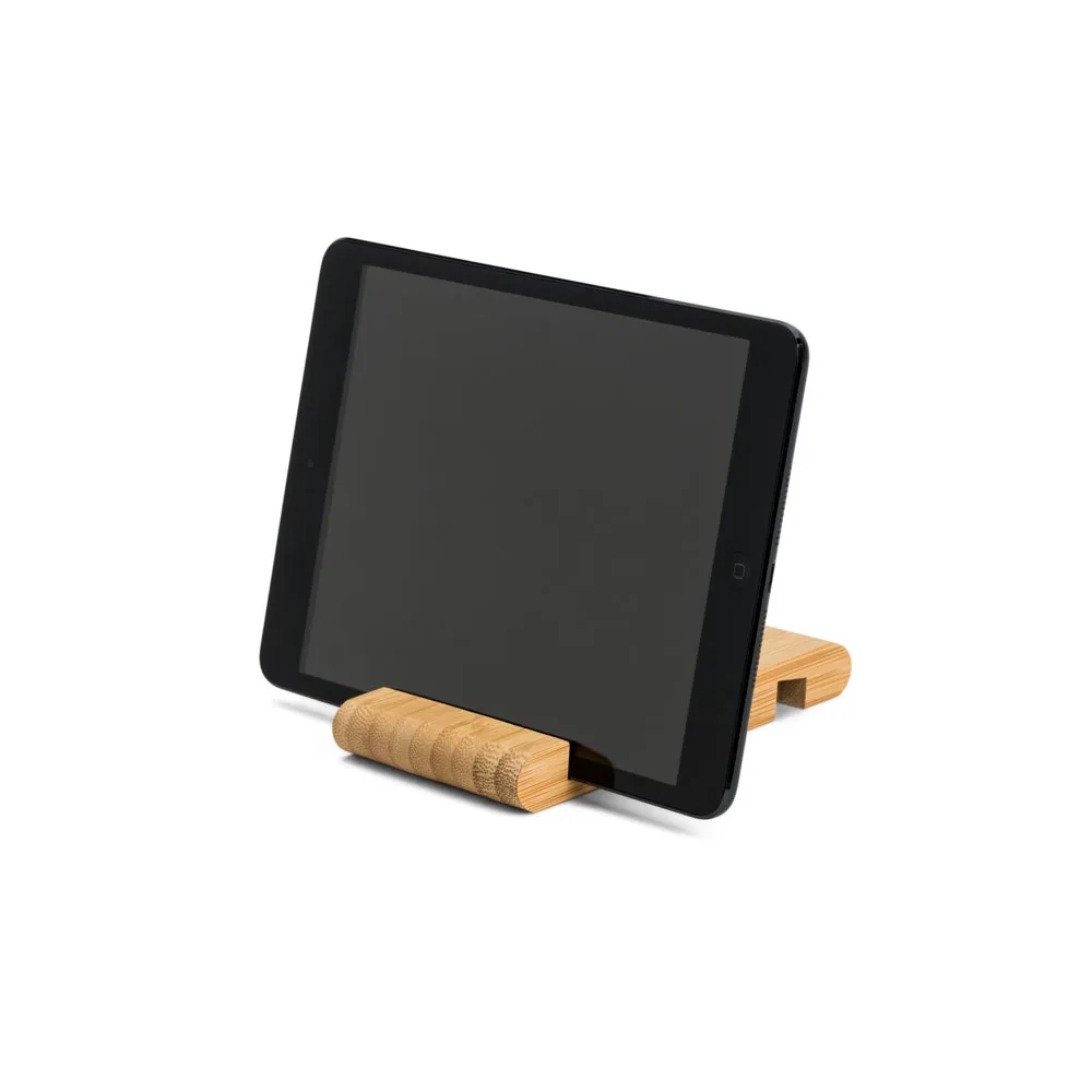 HABER. Suporte para celular com duas canaletas de tamanhos diferentes, em bambu