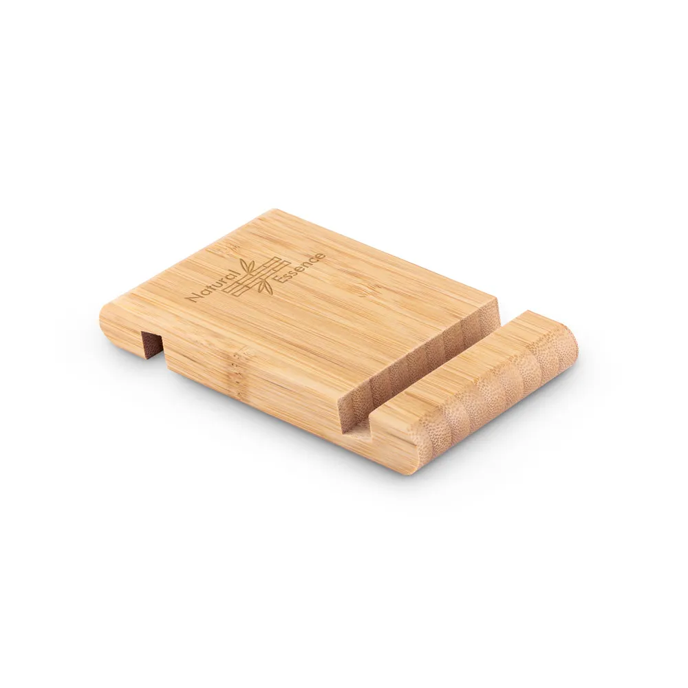 HABER. Suporte para celular com duas canaletas de tamanhos diferentes, em bambu