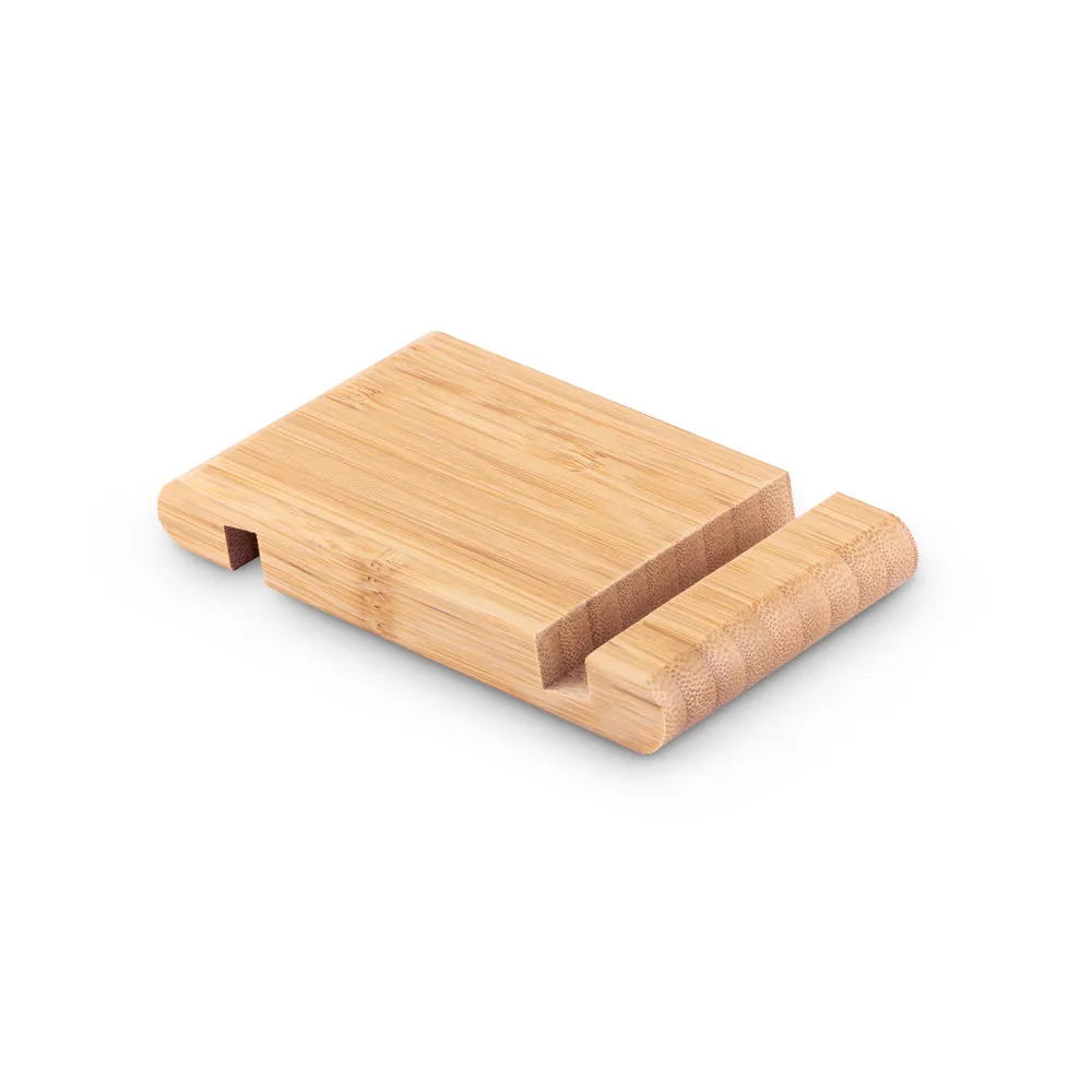 HABER. Suporte para celular com duas canaletas de tamanhos diferentes, em bambu