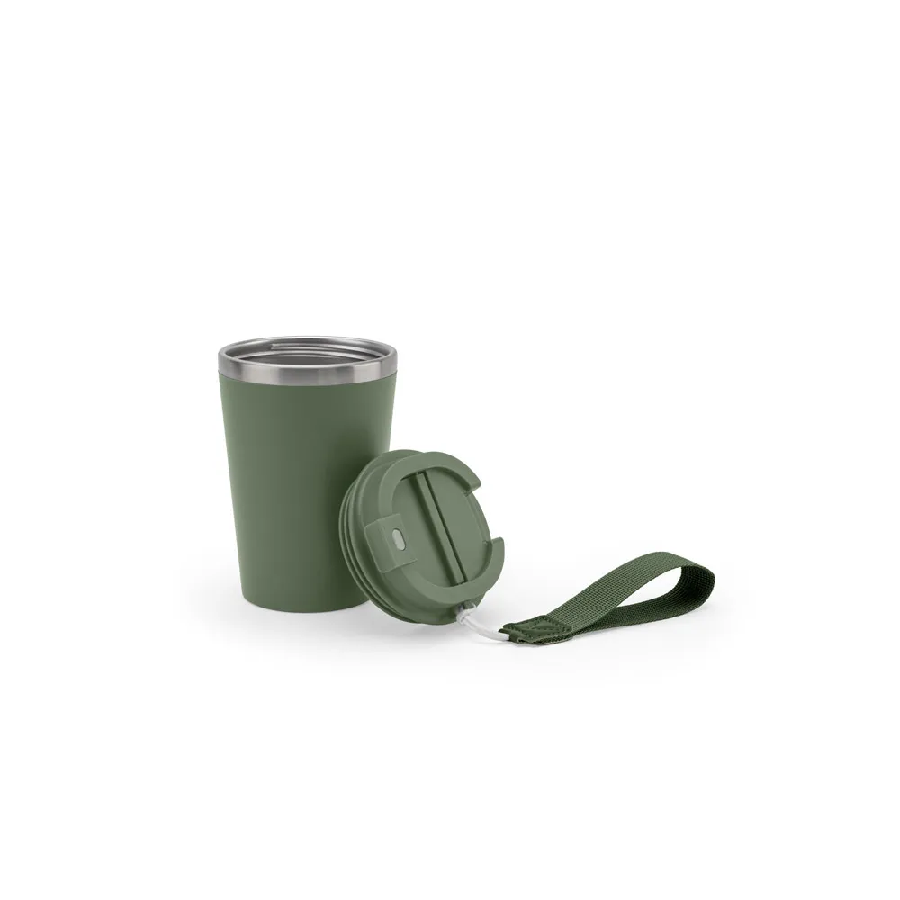 SPITZ. Copo de viagem em aço inoxidável 90% reciclado com parede dupla e acabamento em mate 460 mL