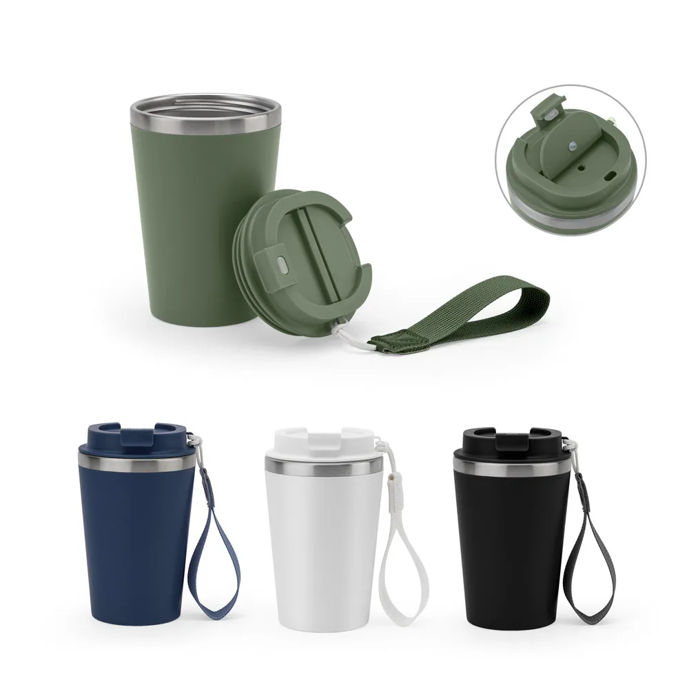 SPITZ. Copo de viagem em aço inoxidável 90% reciclado com parede dupla e acabamento em mate 460 mL