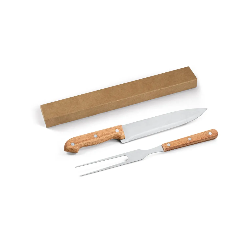 MOJO. Kit churrasco em caixa presente de papel kraft reciclado com 2 utensílios em aço inox e bambu